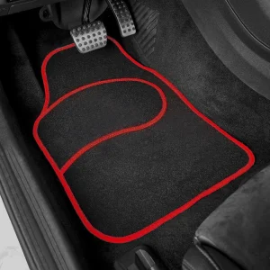 Set 4 Covorase auto din Mocheta, model Universal, culoare Negru cu margine Rosie, dimensiuni fata 64 x 44cm | spate 44 x 29cm