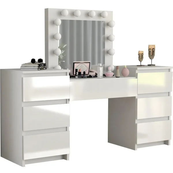 Masa de toaleta/machiaj, Antonia, alba, sertare lucioase + scaun Lago, negru, cu oglinda si LED-uri, 155x42x135 cm