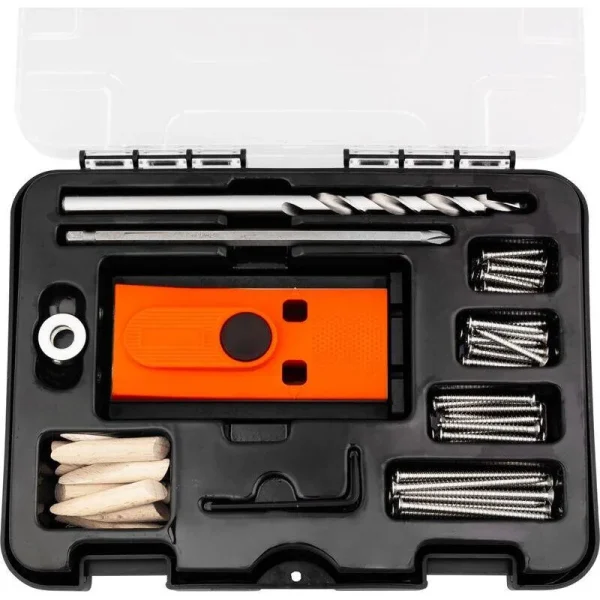 Set pentru dulgheri cu imbinari, dibluri, burghie, suruburi, cuie, opritor adancime, 55 piese