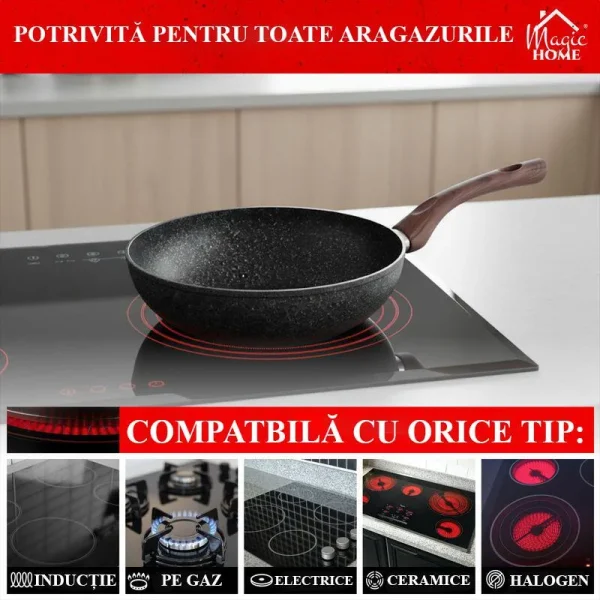 Tigaie tip Wok cu maner de lemn, 28 cm, Magic Home