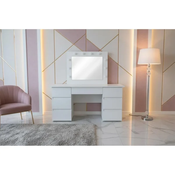 Masa de toaleta/machiaj, Vanessa, alba, cu oglinda si LED-uri, 130x43x143 cm