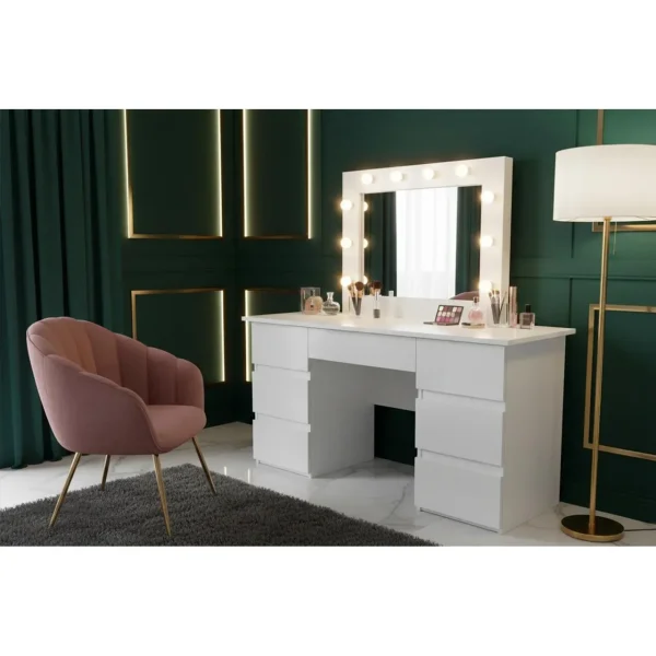 Masa de toaleta/machiaj, Vanessa, alba, cu oglinda si LED-uri, 130x43x143 cm