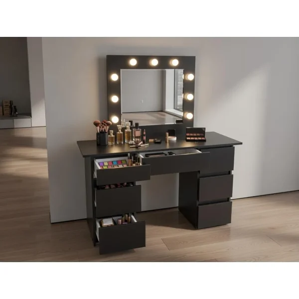 Masa de toaleta/machiaj, Vanessa, negru, cu oglinda si LED-uri, 130x43x143 cm