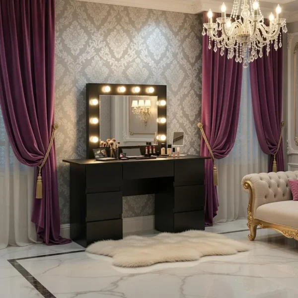 Masa de toaleta/machiaj, Vanessa, negru, cu oglinda si LED-uri, 130x43x143 cm