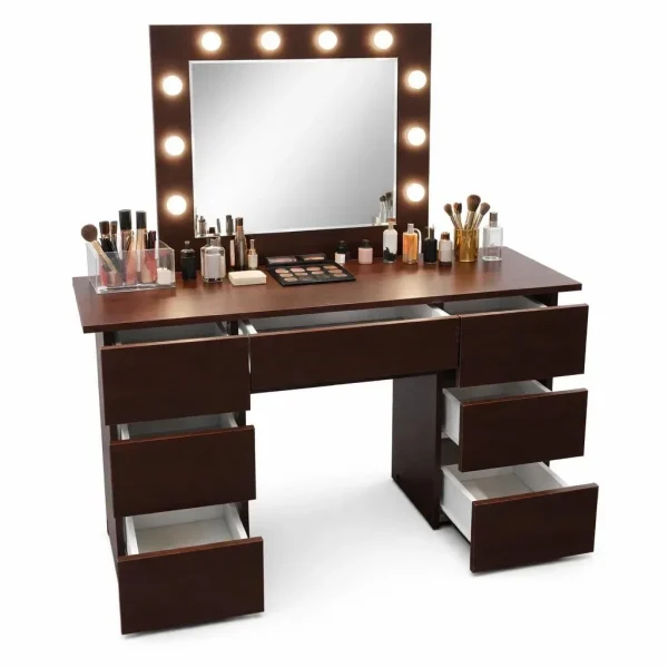 Masa de toaleta/machiaj, Vanessa, wenge, cu oglinda si LED-uri, 130x43x143 cm