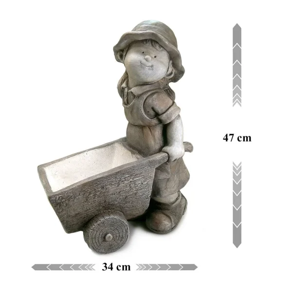 Decoratiune gradina, ceramica, fetita cu roaba in fata, 34x20x47 cm