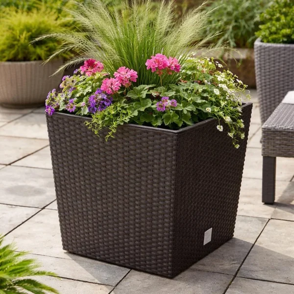 Set 2 ghivece de flori, Rato Low, imitatie ratan, patrate, 32x32x32.5 cm, maro, Prosperplast