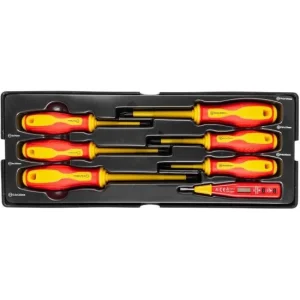 Set surubelnite izolate, late si cruce, cu creion de faza, sertar TIP A (385x150 mm) pentru dulap mobil, PH0-2, 3-5.5 mm, 60-125 mm, 7 elemente, RICHMANN EXCLUS