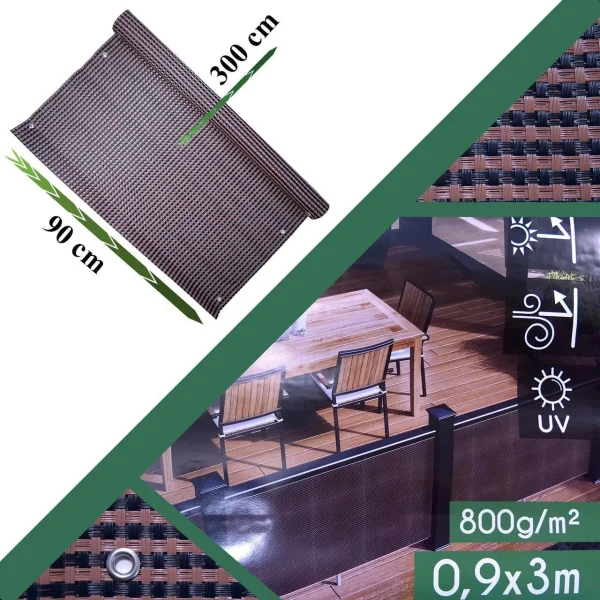 Paravan pentru balcon, terasa, gard, UV, 800 g/m2, maro, negru, 3x0.9 m
