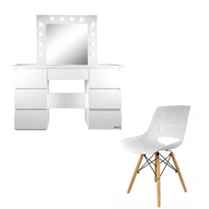 Masa de toaleta/machiaj + scaun Lars, alba, cu oglinda si LED-uri, Vanessa, 130x43x143 cm