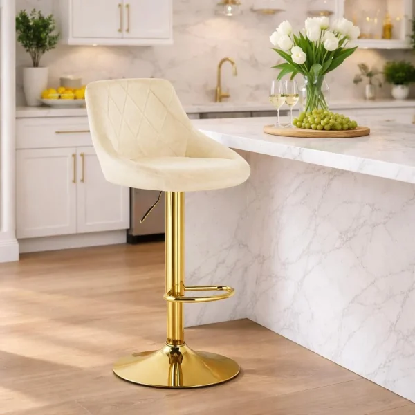 Set 2 scaune de bucatarie/bar, Artool, Kast, rotativ, catifea bej, picior metal auriu, 45.5x49x85-105 cm