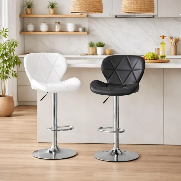 Set 2 scaune de bucatarie/bar, Artool, West, rotativ, piele ecologica alba, picior metal argintiu, 46x48.5x90-111 cm