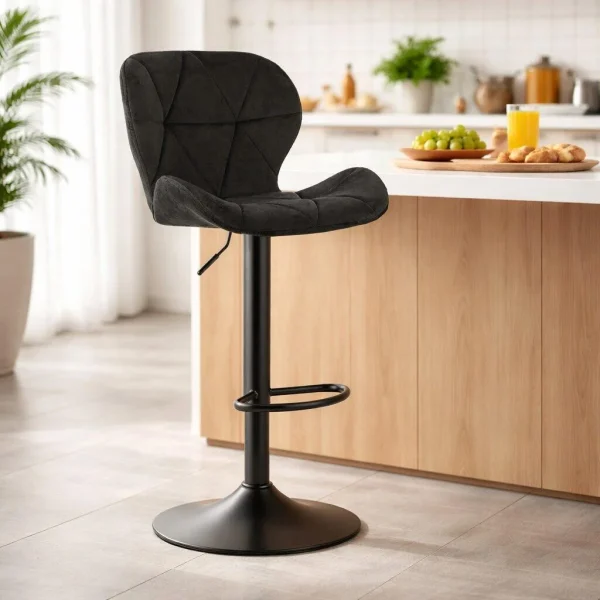 Set 2 scaune de bucatarie/bar, Artool, West, rotativ, catifea neagra, picior metal negru, 46x48.5x90-111 cm