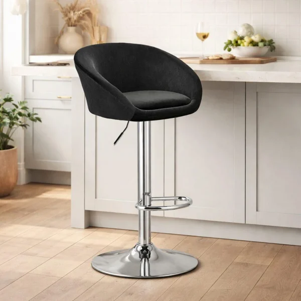 Set 2 scaune de bucatarie/bar, Artool, East, rotativ, catifea neagra, picior metal argintiu, 53x46x81-103 cm