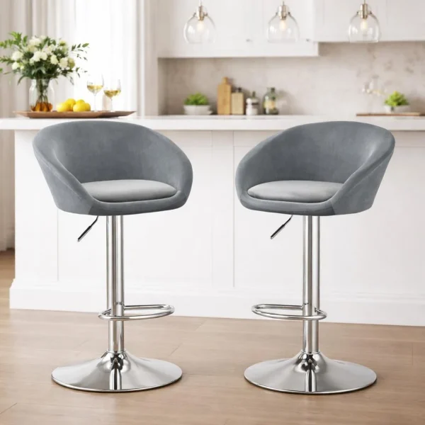 Set 2 scaune de bucatarie/bar, Artool, East, rotativ, catifea gri, picior metal argintiu, 53x46x81-103 cm