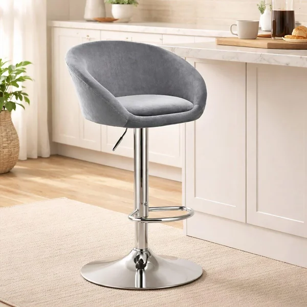 Set 2 scaune de bucatarie/bar, Artool, East, rotativ, catifea gri, picior metal argintiu, 53x46x81-103 cm