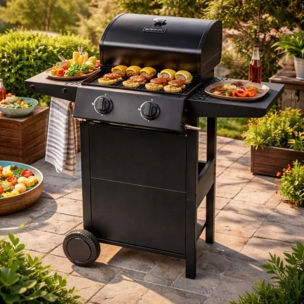 Gratar gradina, grill dreptunghiular, cu gaz, 2 arzatoare, cu roti, capac, rafturi, 96x50x100 cm, BBQ Andora