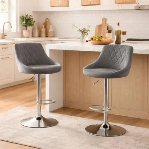 Set 2 scaune de bucatarie/bar, Artool, Kast, rotativ, catifea gri, picior metal argintiu, 45.5x49x85-105 cm