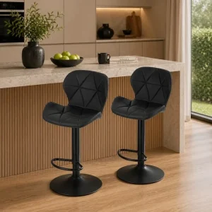 Set 2 scaune de bucatarie/bar, Artool, West, rotativ, piele ecologica neagra, picior metal negru, 46x48.5x90-111 cm