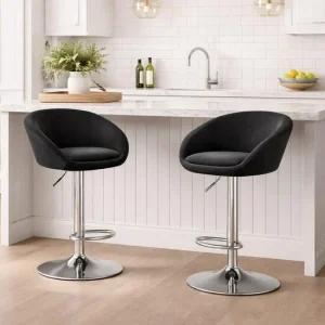 Set 2 scaune de bucatarie/bar, Artool, East, rotativ, catifea neagra, picior metal argintiu, 53x46x81-103 cm
