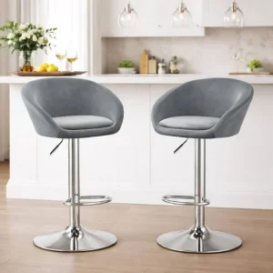 Set 2 scaune de bucatarie/bar, Artool, East, rotativ, catifea gri, picior metal argintiu, 53x46x81-103 cm