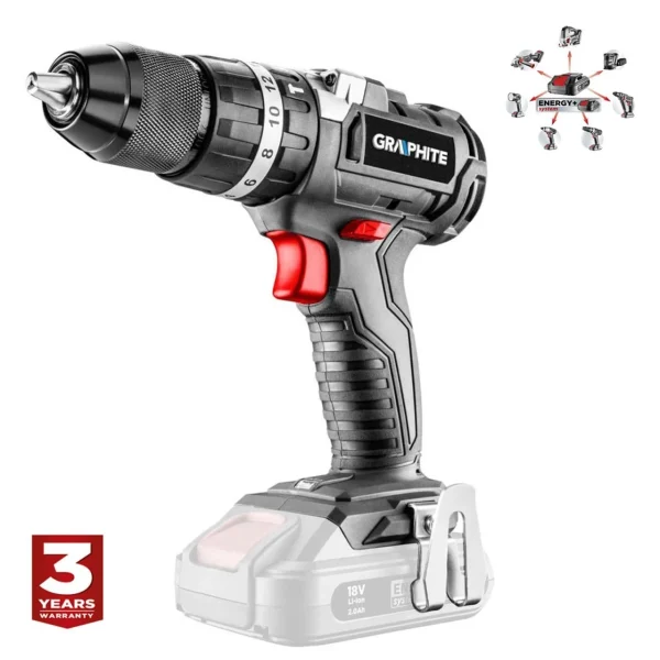 Masina de gaurit, insurubat (bormasina), cu percutie, cu 2 acumulatori 2 Ah, incarcator, 18 V Li-ion, geanta plastic, fara perii, mandrina 2-13 mm, Graphite Energy