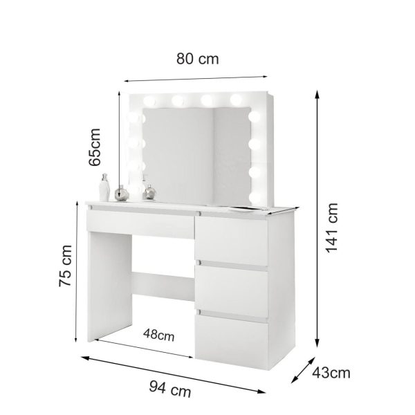 Masa de toaleta/machiaj, alba, cu oglinda si LED-uri, Nadia, 94x43x141 cm