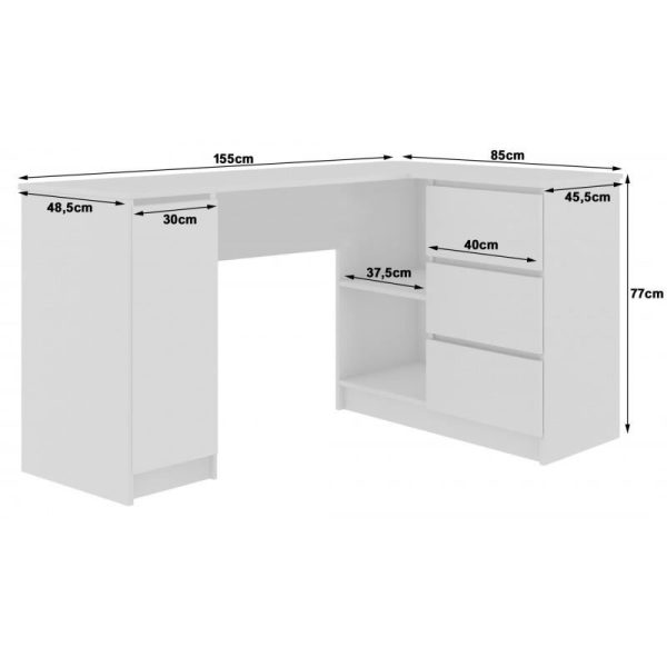 Birou calculator pe colt, placa laminata, 3 sertare, 4 rafturi, stejar si wenge, 155x85x77 cm