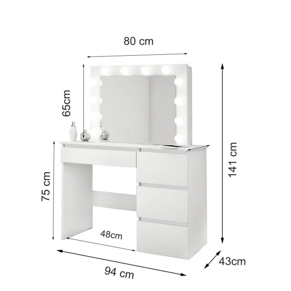 Masa de toaleta/machiaj, alba, cu oglinda si LED-uri, Nadia, 94x43x141 cm