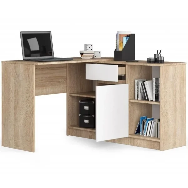 Birou calculator pe colt, placa laminata, 1 sertar, 6 rafturi, stejar si alb, 120x126x79/77 cm