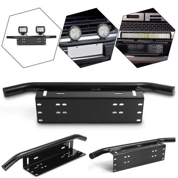 Bullbar aluminiu vopsit in camp electrostatic cu suport numar si proiectoare pentru vehicule offroad, culoare Neagra
