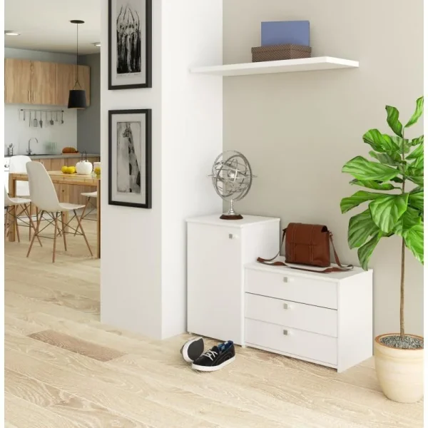 Dulap depozitat incaltaminte, pantofar, placa laminata, 3 sertare, 2 rafturi, alb, 98.4x33x68/43 cm