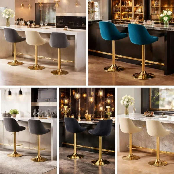 Scaun de bucatarie/bar, Artool, Kast, rotativ, catifea bleumarin, picior metal auriu, 45.5x49x85-105 cm