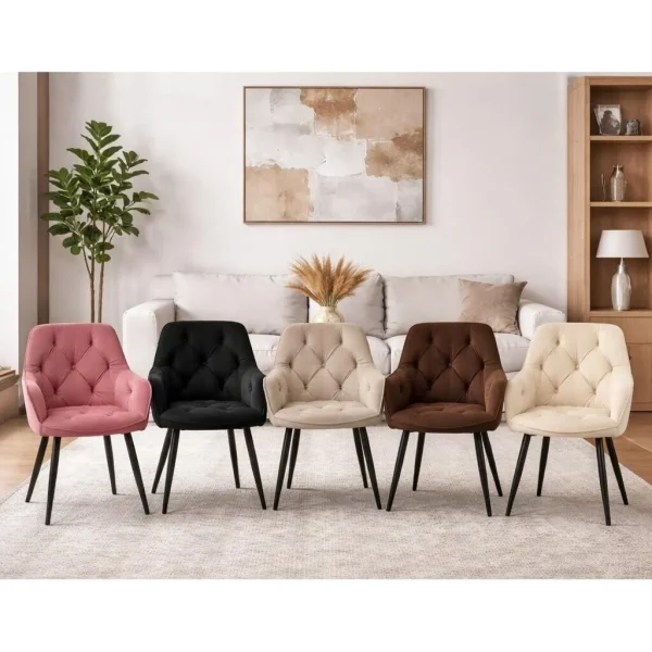 Scaun stil fotoliu bucatarie/living, Artool, York, catifea bej, picioare metal negru, 56x62x83.5 cm