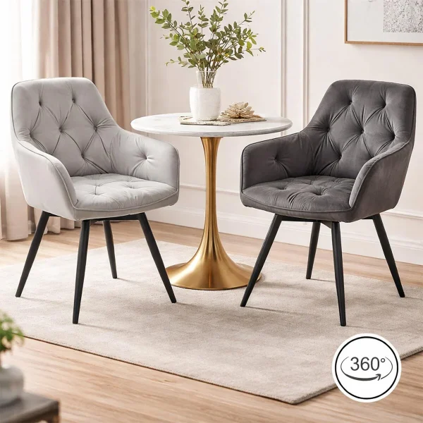 Scaun stil fotoliu bucatarie/living, Artool, York, rotativ, catifea gri inchis, picioare metal negru, 56x61x84 cm