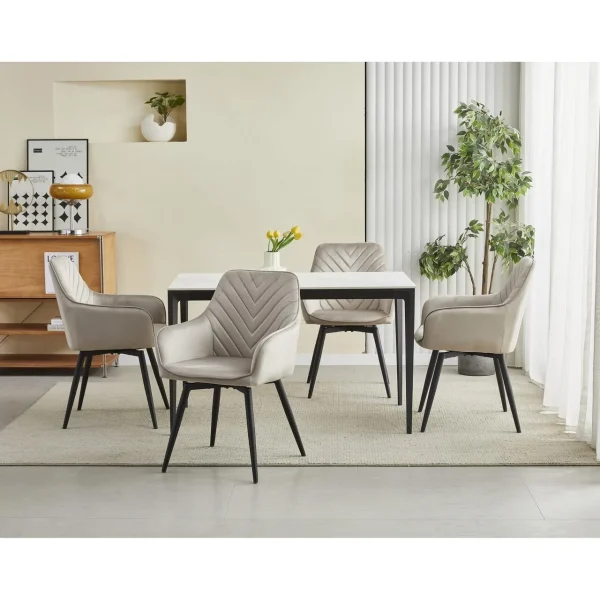 Scaun stil fotoliu bucatarie/living, Artool, Nana, rotativ, catifea bej inchis, picioare metal negru, 56x61x83.5 cm