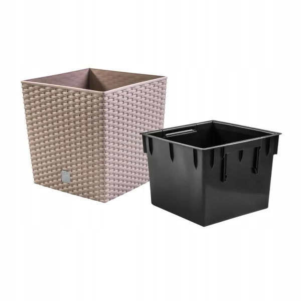 Set 2 ghivece de flori, Rato Low, imitatie ratan, patrate, 32x32x32.5 cm, cafeniu, Prosperplast