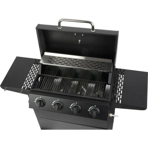 Gratar gradina, grill dreptunghiular, cu gaz, 4 arzatoare, cu roti, capac, rafturi, 116x50x100 cm, BBQ Malaga