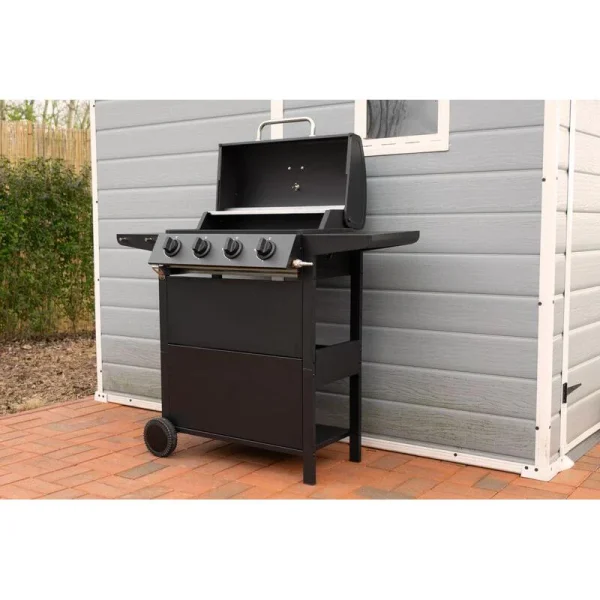 Gratar gradina, grill dreptunghiular, cu gaz, 4 arzatoare, cu roti, capac, rafturi, 116x50x100 cm, BBQ Malaga