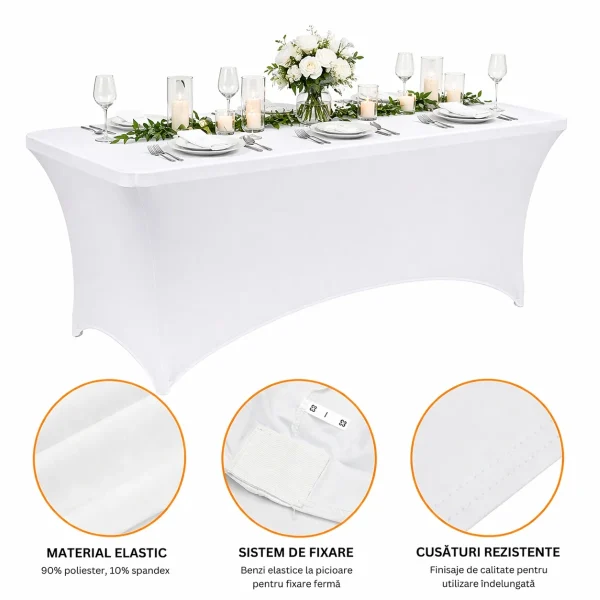 Husa pentru masa dreptunghiulara, culoare alba, elastica, dimensiune 180 x 70 x 74cm