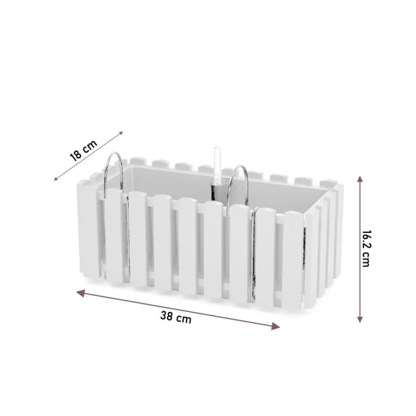 Set 2 jardiniere decorative, suport metalic, sistem de irigare, Boardee Fencycase W, alb, 38x18x16.2 cm