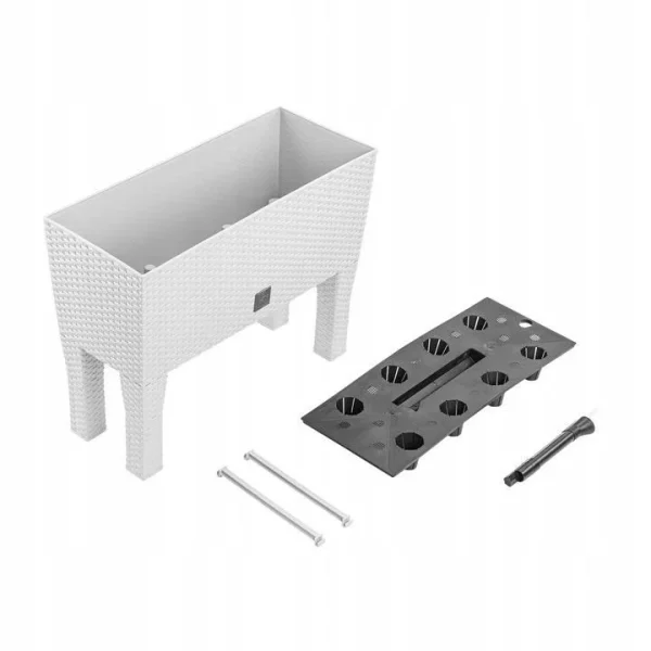 Jardiniera decorativa, cu picioare, sistem irigare, imitatie ratan, alb, 30 L, 60x25x46 cm, Rato Case High