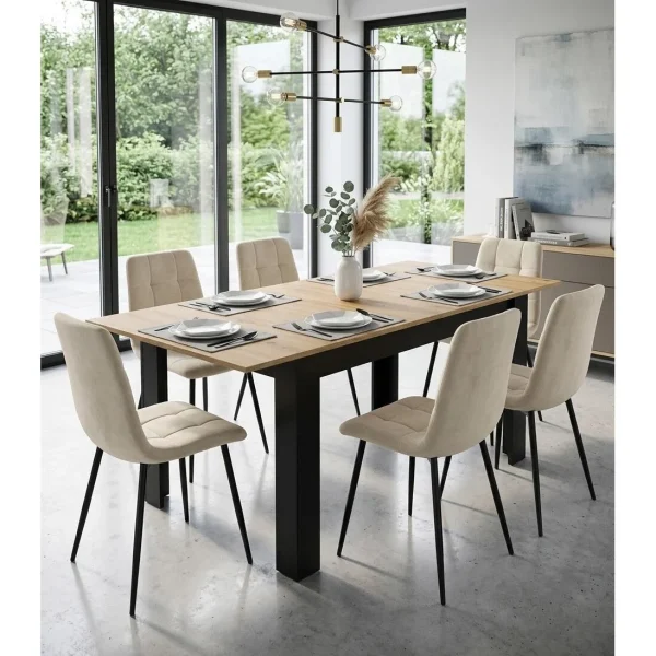 Masa pentru sufragerie/living, Artool, cu blat extensibil, pal, negru si stejar artizanal, 120-160x80x75 cm