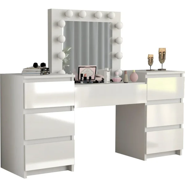 Masa de toaleta/machiaj, Antonia, sertare lucioase + scaun Mark, alb, cu oglinda si LED-uri, 155x42x135 cm