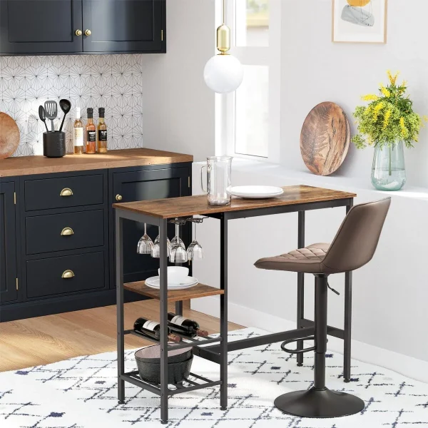 Masa pentru bucatarie/living/bar, Artool, inalta, pal, otel, cu suport pahare si sticle, 3 rafturi, maro rustic, 110x40x90 cm