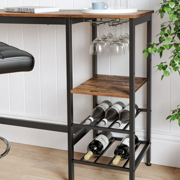 Masa pentru bucatarie/living/bar, Artool, inalta, pal, otel, cu suport pahare si sticle, 3 rafturi, maro rustic, 110x40x90 cm
