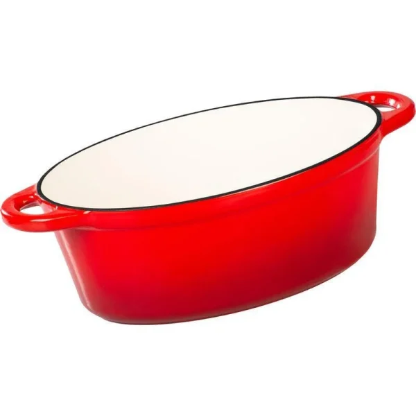 Oala de fonta emailata cu capac, ovala, maner din inox, lingura de lemn, rosie, 4.4 L, Magic Home