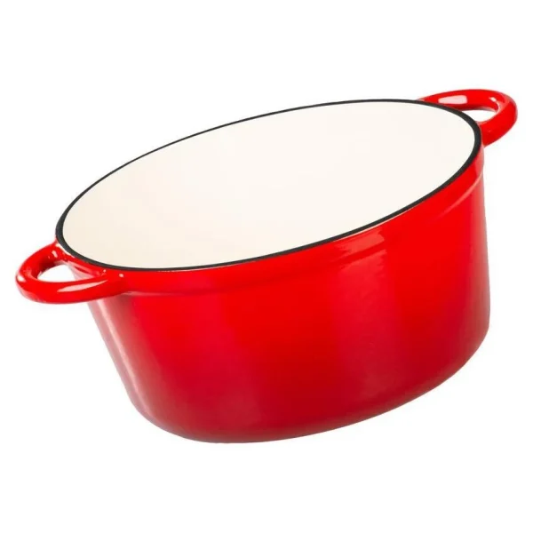 Oala de fonta emailata cu capac, maner din inox, lingura de lemn, rosie, 4 L, Magic Home