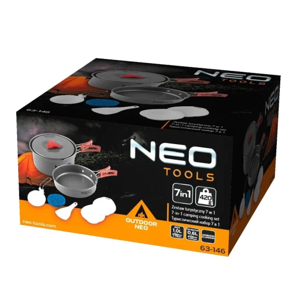 Oala si tigaie turistica, camping, aluminiu, cu accesorii, set 8 piese, NEO 