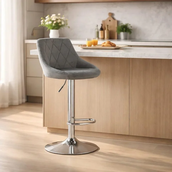 Set 2 scaune de bucatarie/bar, Artool, Kast, rotativ, catifea gri, picior metal argintiu, 45.5x49x85-105 cm